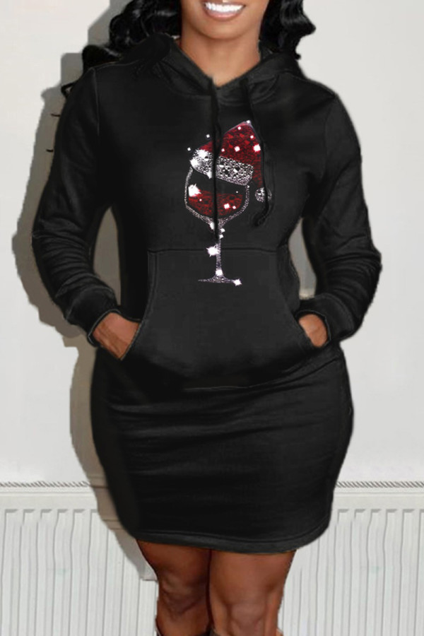 Schwarze lässige Weihnachtsmützen bedruckte Patchwork-Kleider mit Kapuzenkragen und langen Ärmeln