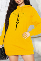 Yellow Casual Print Patchwork Hooded Collar Long Sleeve Dresses