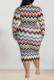 カーキ ファッション カジュアル プリント パッチワーク ターンダウン カラー ペンシル スカート プラス サイズのドレス