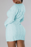 Vestidos de manga longa com decote em V e manga comprida azul bebê casual liso vazado