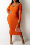 Orange Casual Solid Patchwork V-Ausschnitt Langarm Kleider in Übergröße