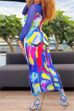 Color Sexy Imprimir Patchwork Cuello cuadrado Vestidos de manga larga