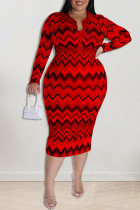 Röd Mode Casual Print Patchwork Turndown Krage Pencil Skirt Plus Size Klänningar