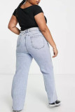 Ljusblå Casual Solid Ripped Patchwork Plus Size Jeans