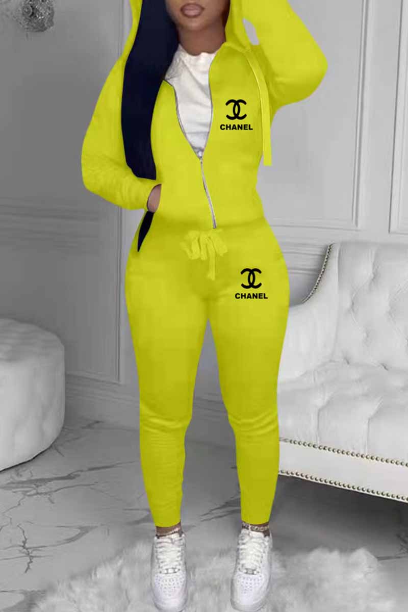 

Yellow Casual Print Letter Hooded Collar Long Sleeve Two Pieces