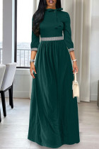 Groen Casual effen patchwork met strik O-hals lange jurk Jurken