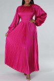 Rose Red Casual Solid Patchwork O Neck Long Sleeves Pleated Dresses (Without Belt)