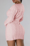 Roze casual effen uitgeholde patchwork jurken met V-hals en lange mouwen