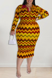 Khaki Fashion Casual Print Patchwork Turndown Collar Pencil Skirt Plus Size Dresses