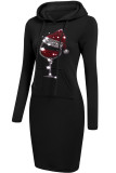 ブラック カジュアル サンタ帽子 プリント パッチワーク フード付き カラー ロング スリーブ ドレス