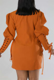 Темно-коричневые повседневные однотонные платья в стиле пэчворк с отложным воротником и длинным рукавом