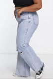 Jeans de talla grande de patchwork rasgado sólido casual azul claro