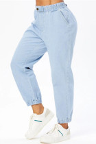 Jeans Regular Azul Claro Casual Patchwork Sólido Cintura Alta