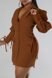 Dark Brown Casual Solid Patchwork Turndown Collar Long Sleeve Dresses
