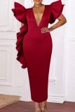 Rotes, sexy, formales, festes, durchsichtiges Patchwork-Abendkleid mit V-Ausschnitt