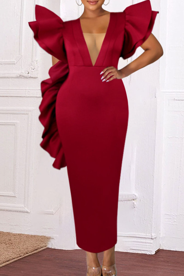 Vestidos de noite vermelhos sexy formais sólidos com retalhos transparentes com decote em V