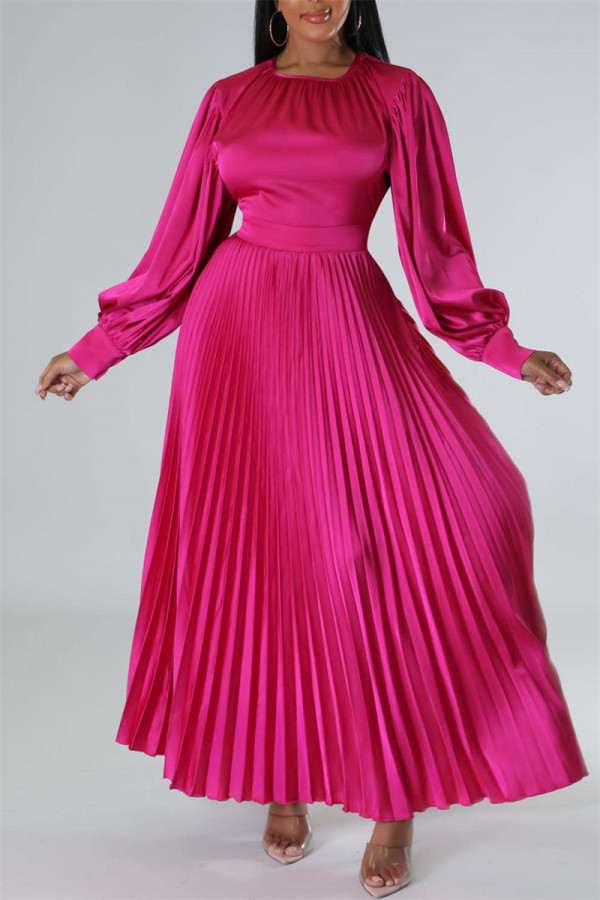 Розово-красные повседневные однотонные лоскутные плиссированные платья с круглым вырезом и длинными рукавами (без пояса)
