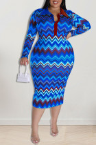 Blauwe mode casual print patchwork kraag kokerrok plus size jurken