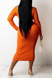 Оранжевые повседневные однотонные пэчворк V-образный вырез с длинным рукавом Платья больших размеров