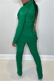 Pantaloni cardigan solido casual verde colletto rovesciato manica lunga due pezzi