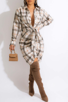 Mehrfarbige Street Plaid Patchwork Umlegekragen Hemdkleid Kleider