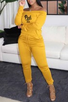 Yellow Sexy Print Letter Off the Shoulder Jumpsuits