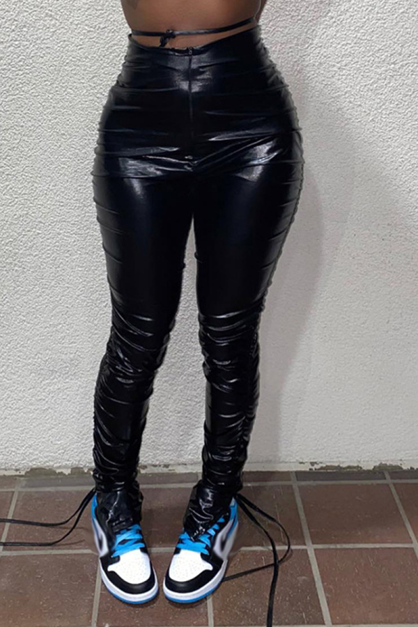 Zwarte sexy effen vouw skinny hoge taille potlood effen kleur bodems