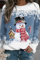 Blue Casual Snowman Printed Basic O Neck Tops