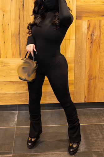 Black Street Solid Patchwork Turtleneck Skinny Jumpsuits