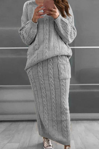 Grey Fashion Solid Patchwork O Neck Long Sleeve Two Pieces