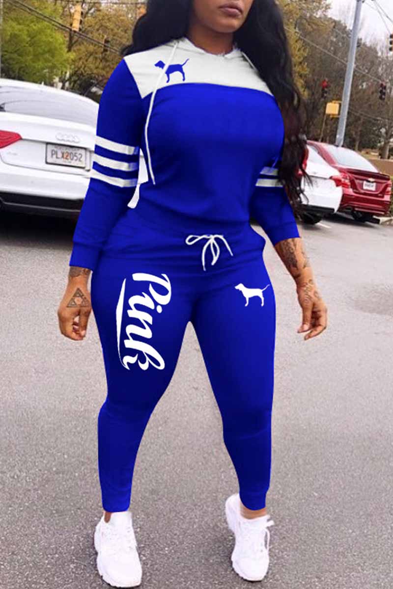 

Blue Casual Print Letter Hooded Collar Long Sleeve Two Pieces