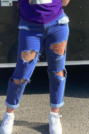 Deep Blue Casual Solid Patchwork High Waist Regular Ripped Denim Jeans