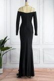 Black Sexy Formal Solid Backless Slit Off the Shoulder Evening Dress Dresses