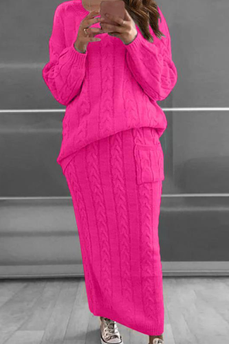 Rose Red Fashion Solid Patchwork O Neck Long Sleeve Two Pieces