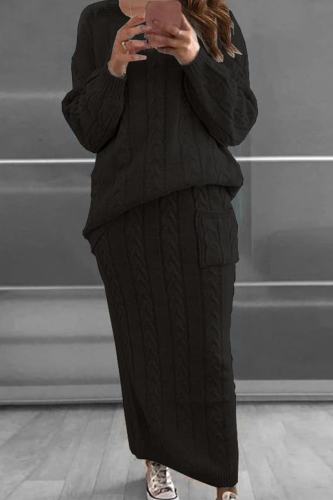 Black Fashion Solid Patchwork O Neck Long Sleeve Two Pieces