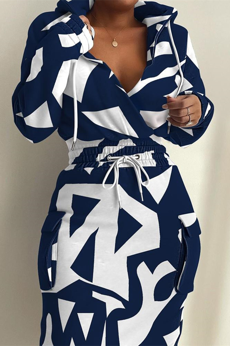 

White Blue Casual Print Patchwork V Neck Long Sleeve Dresses