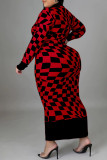 Red Casual Plaid Print Patchwork Half A Turtleneck Long Sleeve Plus Size Dresses