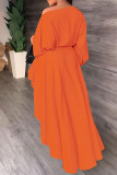 Оранжевые повседневные сплошные лоскутные асимметричные платья с круглым вырезом и длинными рукавами