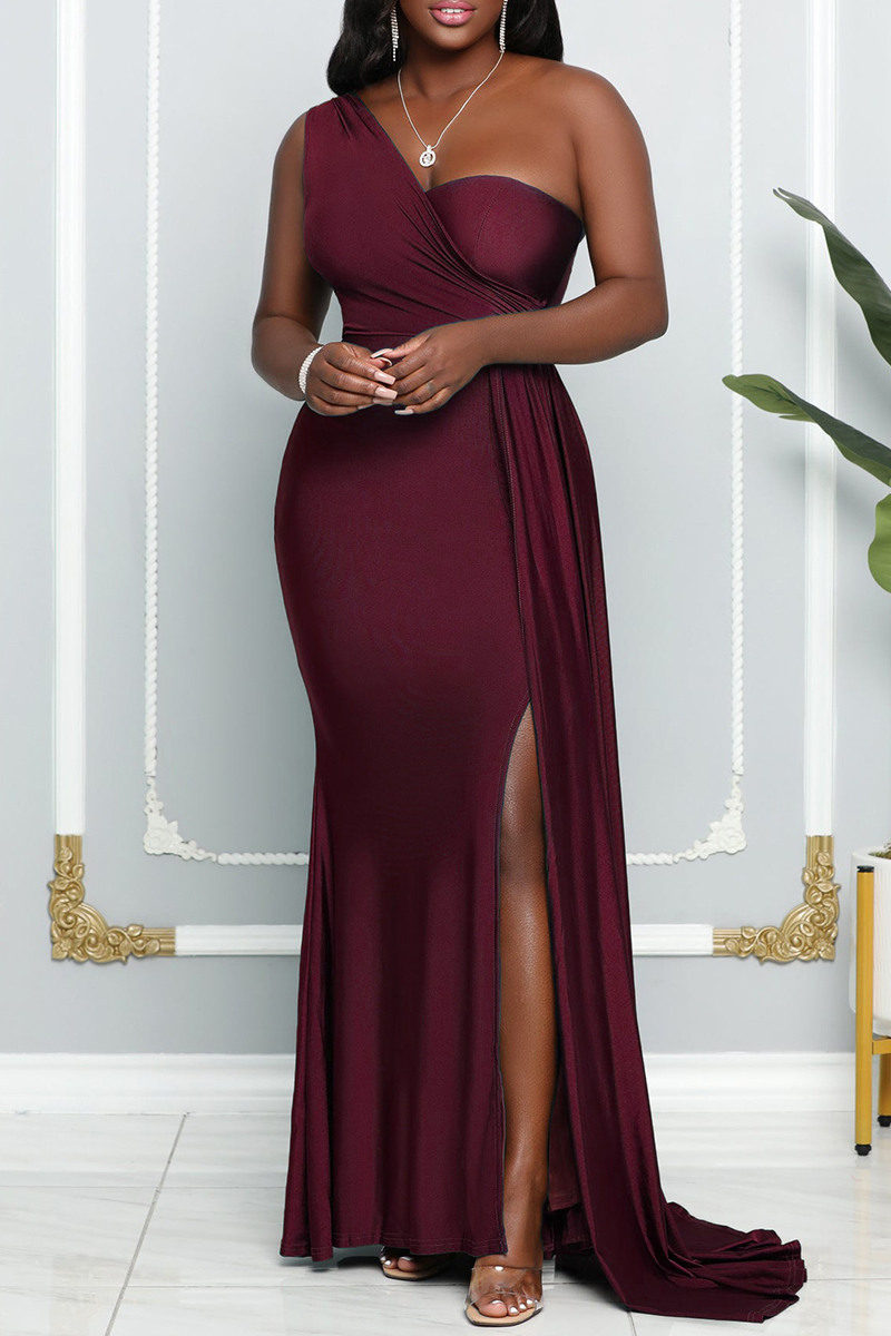 

Red Sexy Formal Solid Patchwork Backless Slit One Shoulder Evening Dress Dresses