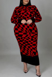 Vestidos de patchwork com estampa xadrez vermelho casual gola alta manga longa plus size