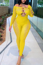 Yellow Sexy Solid Hollowed Out Patchwork See-through Off the Shoulder Skinny Jumpsuits