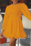 Vestidos de manga comprida laranja casual patchwork sólido com gola O