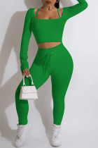Зеленый Повседневная спортивная одежда Однотонный Пэчворк Отложной воротник Длинный рукав Из двух частей
