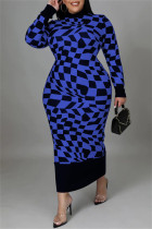 Blauwe casual geruite print patchwork halve coltrui lange mouw plus size jurken