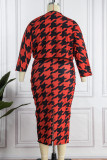 Red Casual Print Basic Half A Turtleneck Sleeveless Dress Plus Size Two Pieces