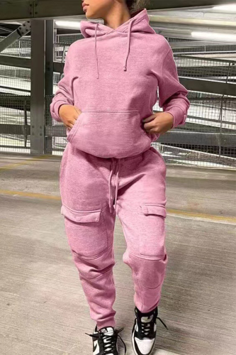 Pink Casual Solid Patchwork Hooded Collar Long Sleeve Two Pieces
