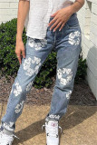 Blaue, lässige Patchwork-Jeans mit hoher Taille und normaler Passform