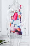 Multicolor sexy patchwork print kwastje uitgeholde mouwloze jurk met één schouder