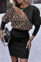 Black Casual Print Hollowed Out O Neck Pencil Skirt Dresses
