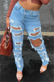 Голубые повседневные однотонные рваные джинсы в стиле пэчворк с высокой талией, обычные джинсы